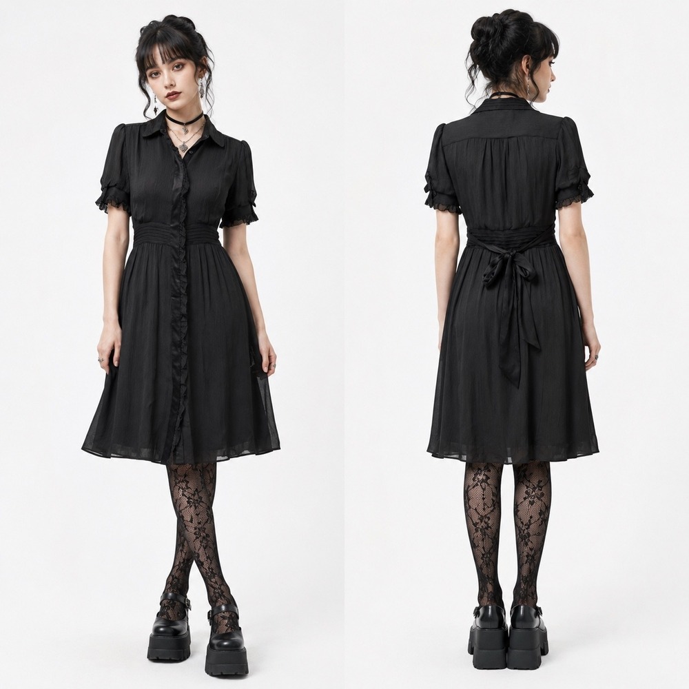 Womens 2 Dress 100% Silk Ruffle Sheer Waist‎ Back Tie Whimsigoth Dark Academia